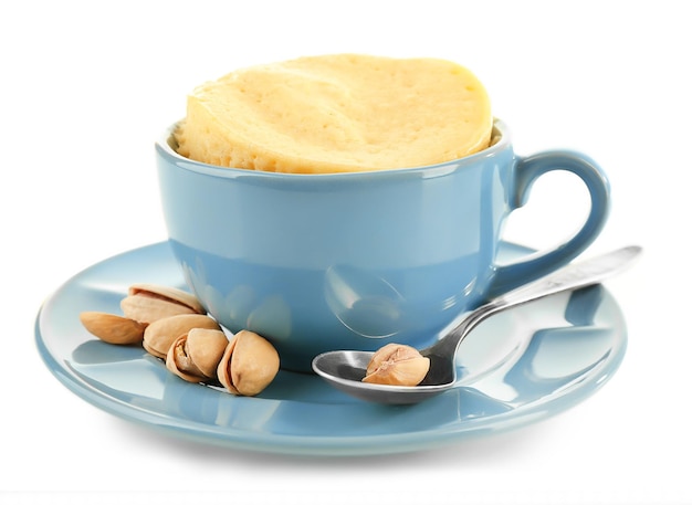 Mug cake with pistachios isolated on white