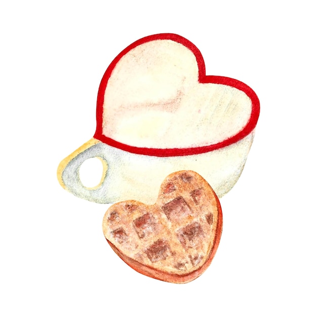 Mug ceramic heart shaped sweet waffle heart watercolor isolated on white background
