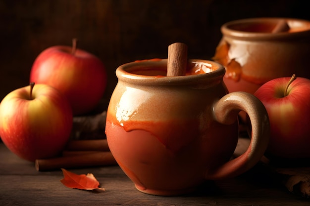 A mug of cinnamon with apples on the side