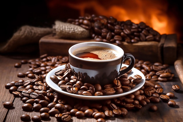 木製の背景にコーヒーとコーヒー豆のマグカップ 国際コーヒーデー 生成 AI
