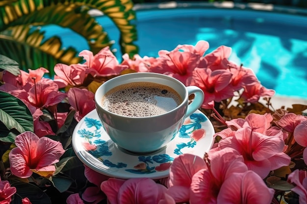 A mug of coffee and lilies on a table near the pool on a sunny morning Breakfast Generative ai