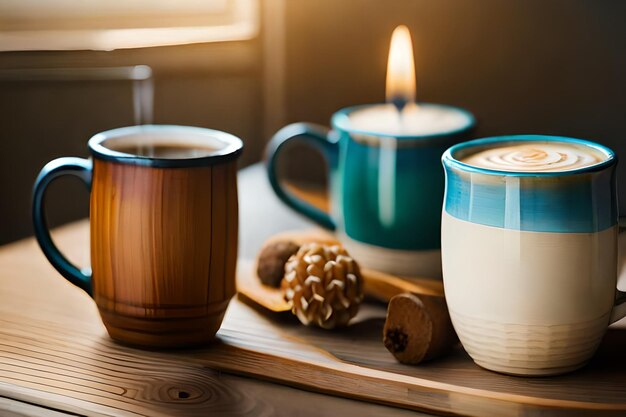 커피 한 잔이 촛불을 배경으로 테이블 위에 놓여 있습니다.