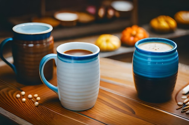 Photo a mug of coffee sits on a table with other mugs.