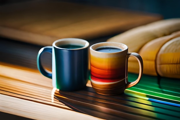 чашка кофе сидит рядом с двумя чашками на столе