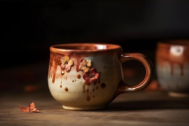 A mug of coffee with a flower design on it.