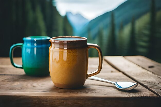 木のテーブルの上にスプーンが付いたコーヒーのマグカップ。
