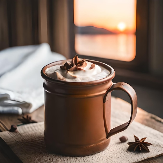 A mug of coffee with a view of a sunset in the background.