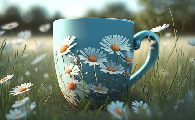 A mug of daisies sits in a field of daisies.