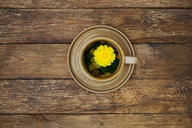 Mug of dandelion tea with fresh flower herbal medicine vitamin drink 