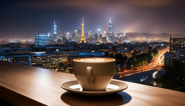 mug of espresso on a table before a road