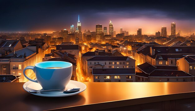 mug of espresso on a table before a road