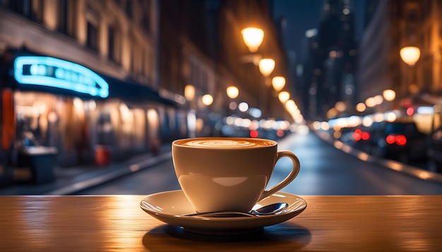 mug of espresso on a table before a road