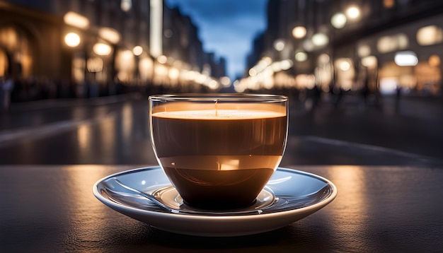 mug of espresso on a table before a road