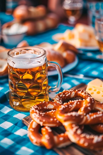 Photo a mug of german beer and soft pretzels and cheese on a table with a checkered blue tablecloth at oktoberfest selective focus