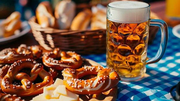 Photo a mug of german beer and soft pretzels and cheese on a table with a checkered blue tablecloth at oktoberfest selective focus