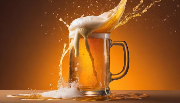 泡とスプラッシュで浮かぶ金色のビールのカップ アルコール飲料 オレンジ色の背景