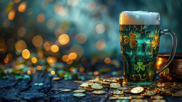 Photo mug of green beer gold coins and clover leaves on the counter of an irish pub on st patricks day