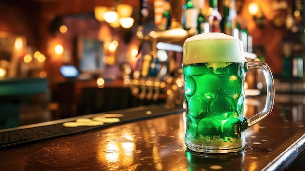 mug of green beer on a table in an Irish pub copy space