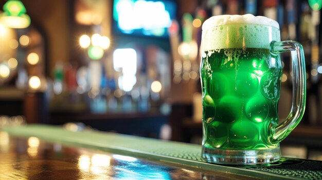 mug of green beer on a table in an Irish pub copy space