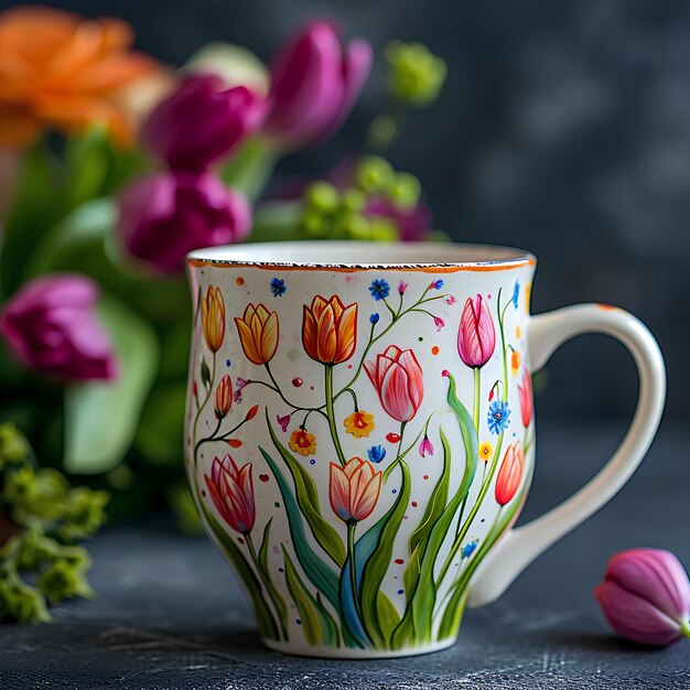 A mug has tulips in it