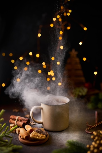 クリスマスの飾りに囲まれたホットチョコレートのマグカップ