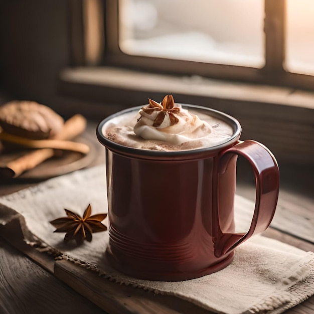 A mug of hot chocolate with cinnamon and star anise on a table.