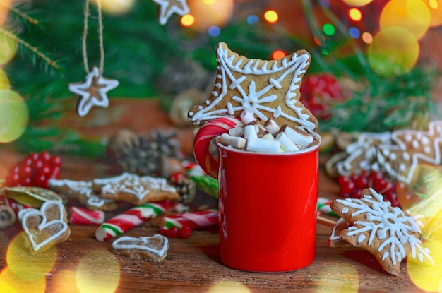 Mug of hot chocolate with cookies and marsmallow Winter cacao hot drink