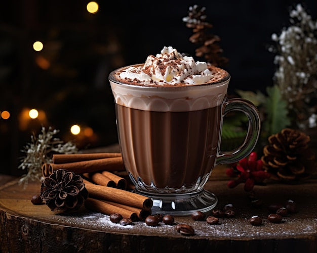 クリーム付きのホットチョコレートのカップ 冬の休日の飲み物