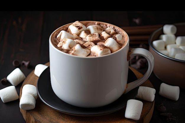 A mug of hot chocolate with marshmallows and a sprinkle of cinnamon on top