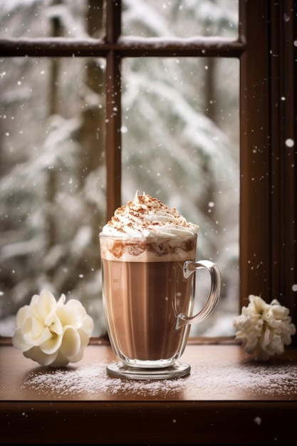 mug of hot chocolate with whipped cream in front of a window with falling snow outside AI generated illustration