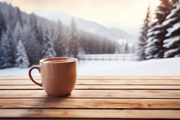 Mug of hot cocoa on a rustic wooden table with a view of snowy outdoors Generative AI illustration