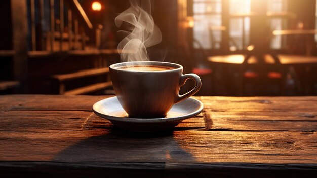 Photo mug of hot coffee stand on a wooden table at the kitchen room delicious drink