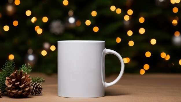 Mug of hot drink with christmas tree and lights on background