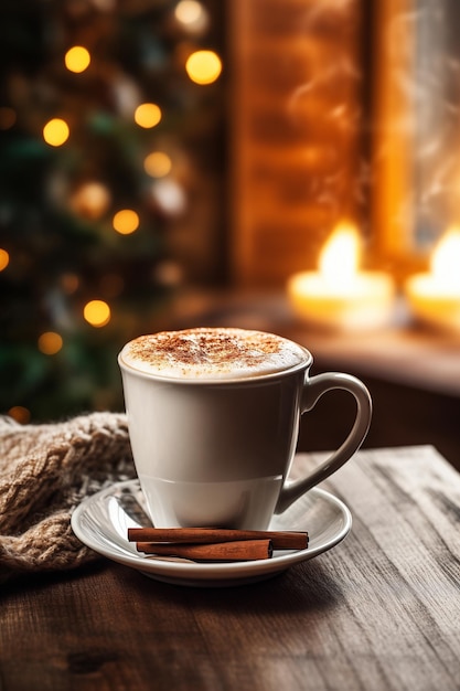 A mug of hot milk coffee stands on a wooden table with a woolen blanket in a cozy living room