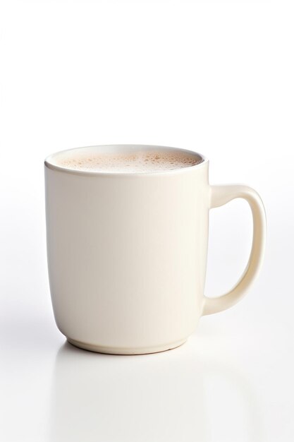 Mug of hot milk on white background