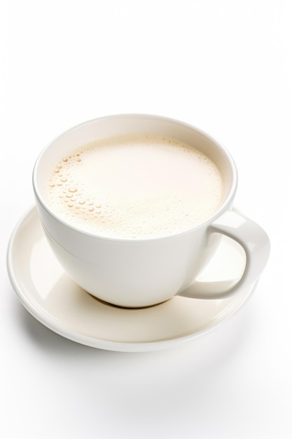 Mug of hot milk on white background