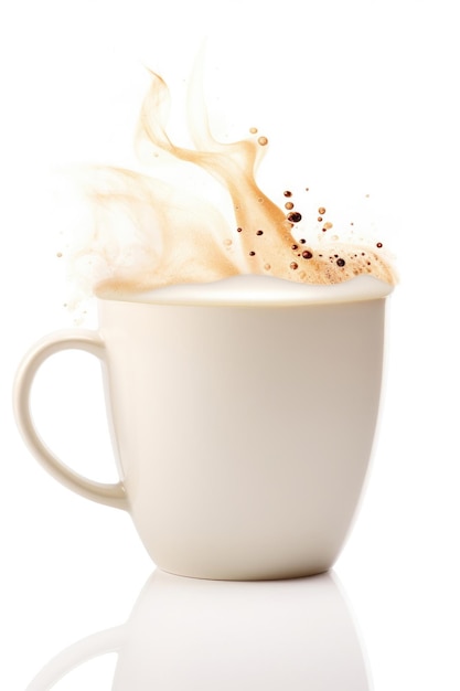 Mug of hot milk on white background