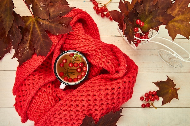 Mug of hot viburnum tea with red warm knitted scarf