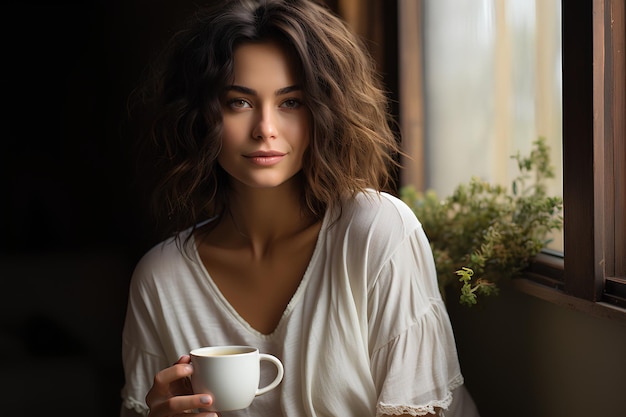 Mug Model Happy Woman Showcasing a Plain White Cup