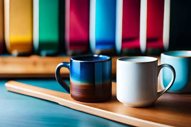 a mug and a mug of coffee sit on a table.