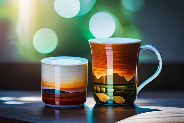 Photo a mug and mug with the sun shining behind them