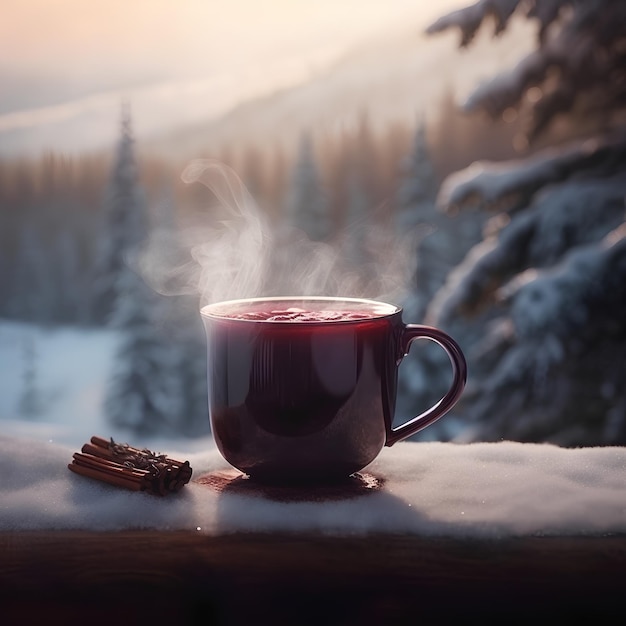 Mug of mulled wine on the snow covered surface outdoors with winter landscape on background