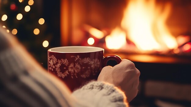 写真 クリスマスの暖炉のそばでホットチョコレートやコーヒーのカップ 女性は暖かい火でリラックスします