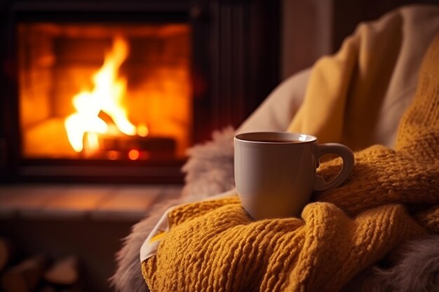 Фото Чашка горячего чая на стуле с одеялом
