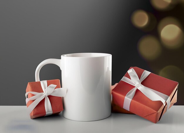 Фото Кружка чая или кофе с рождественскими подарками 3d-рендеринг