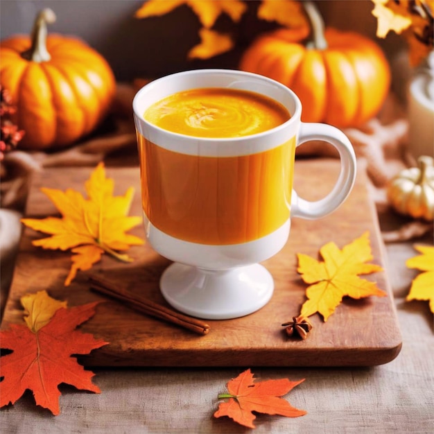 木の板の上に置かれたパンプキン スパイス ラテのマグカップは、心地よい秋の日に楽しむ準備ができています