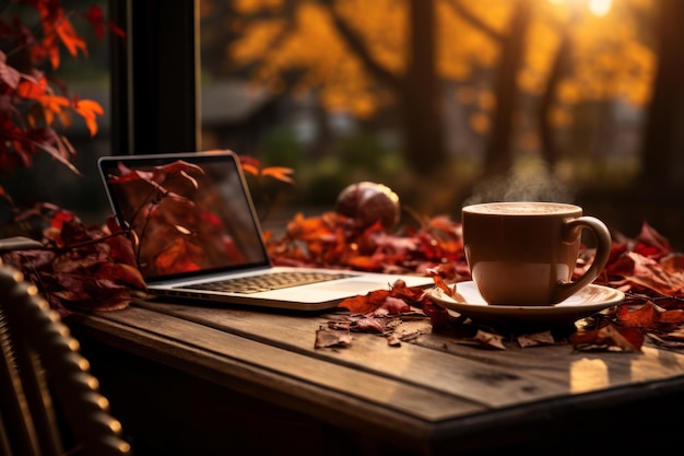 A mug of strong black coffee stands on the windowsill next to autumn yellow dry leaves The concept of working at home Flat lay copy space selective focus High quality photo