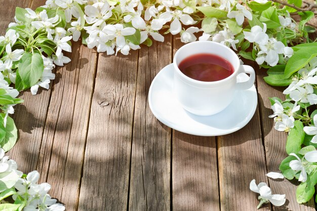 Mug of tea among apple flowers