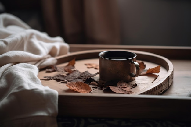 ベッドリネンの上の素朴な木のトレイに色とりどりの落ち葉が入った紅茶またはコーヒーのマグカップ