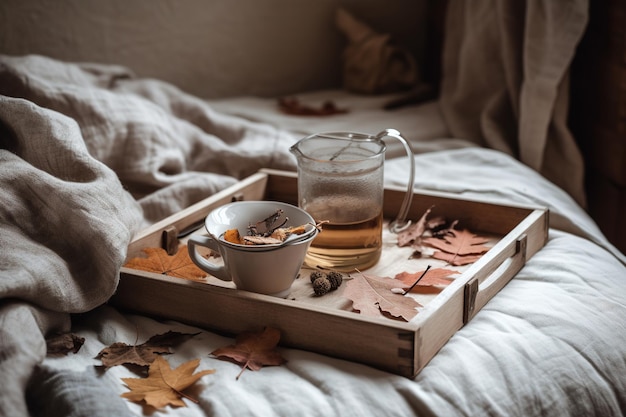 Кружка чая или кофе с красочными опавшими листьями на деревенском деревянном подносе над постельным бельем